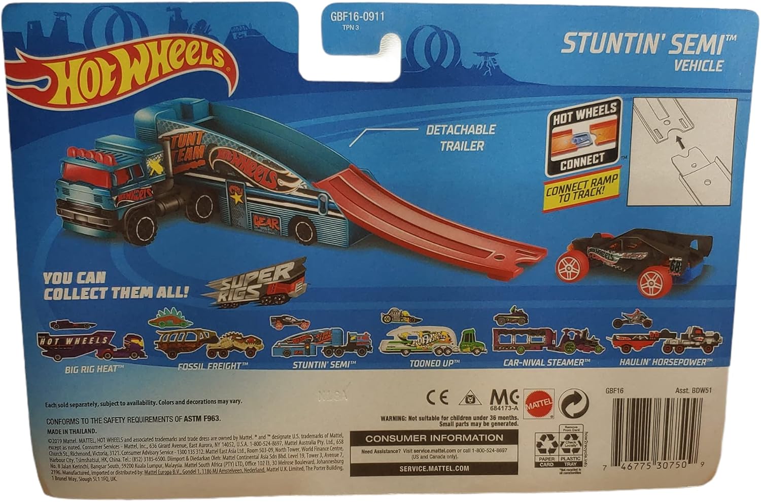DieCast Hotwheels Stuntin' Semi Vehicle (Blue) Detachable Trailer, car Included