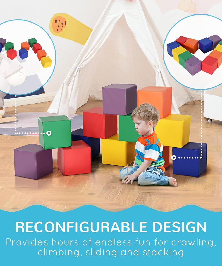 12 Piece Soft Play Foam Blocks Set for Toddlers, Baby Climbing Stacking Building Blocks, Indoor Learning Activity Toy, Safe PU Foam Playset, Ages 18 Months+