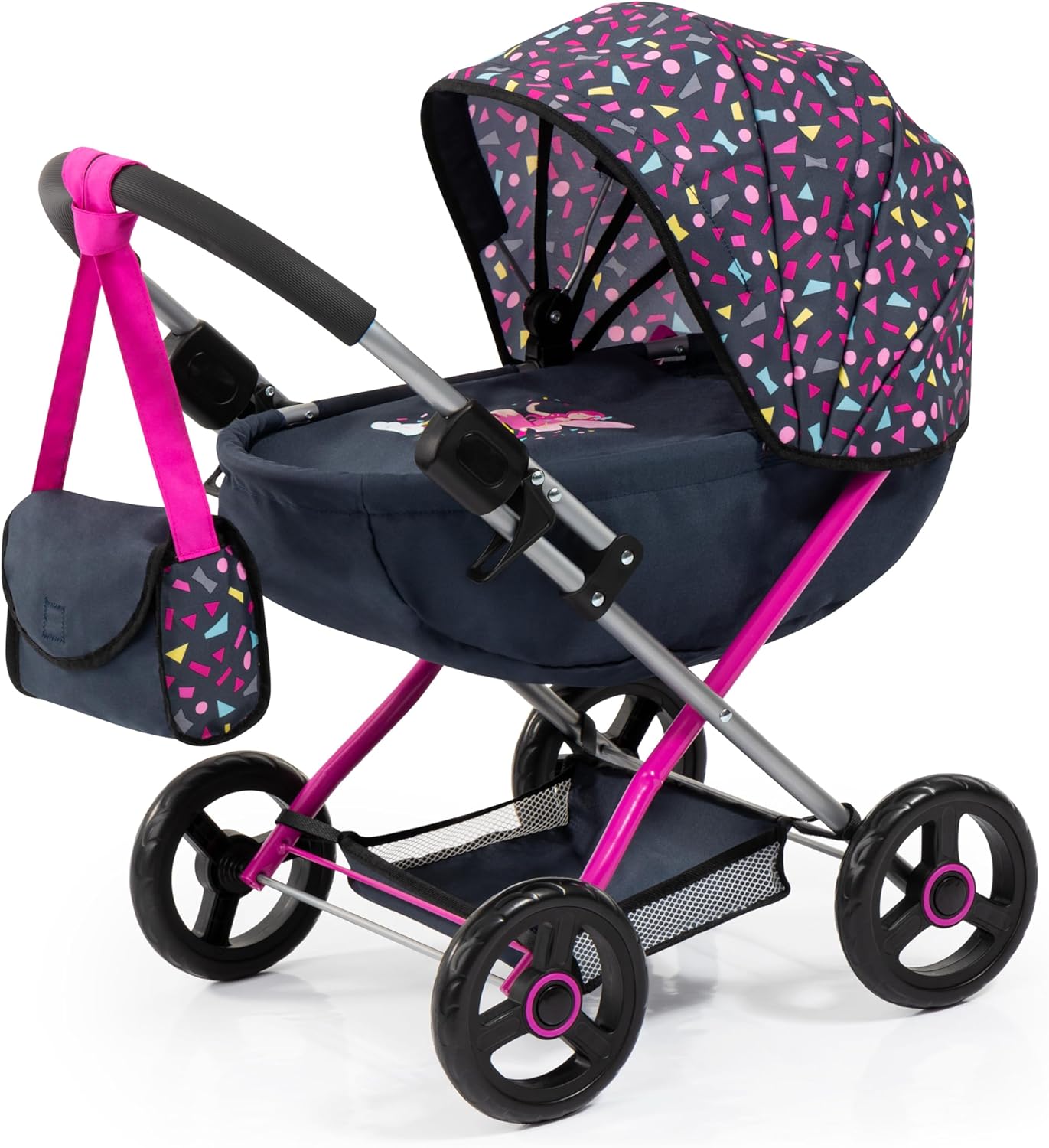 Bayer Pram Set Smarty for 46cm Dolls, Foldable Doll Stroller with Blanket, Pillow, and Integrated Basket, Role Play Toy for Kids, 3Y+ Years