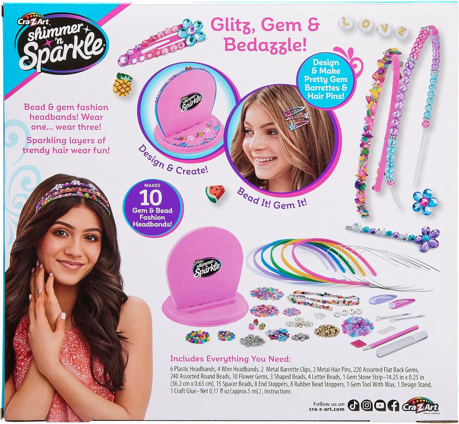 Shimmer N Sparkle Sparkling Headbands & Hair Charms Craft Kit, DIY Beaded Headband Making Kit, Make 10 Glam Designs, Fun Playset for Girls, Includes Gems, Beads, Barrettes & Pins, Age 6+ Year -65595