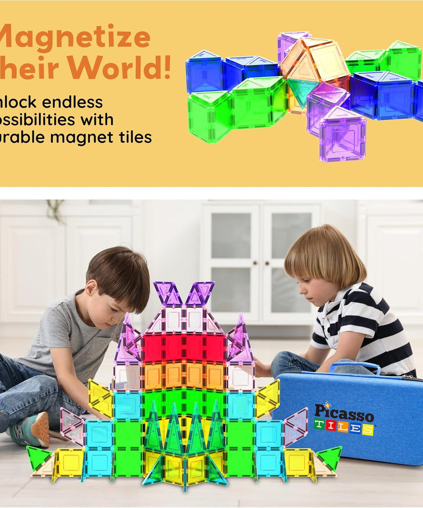 PicassoTiles 101pcs Magnetic Building Block Toy + Case Set Magnet Tile Construction Blocks for Ages 3 and Up Educational Kit Child Brain Development Learning Playset in Portable Travel Carry Bin