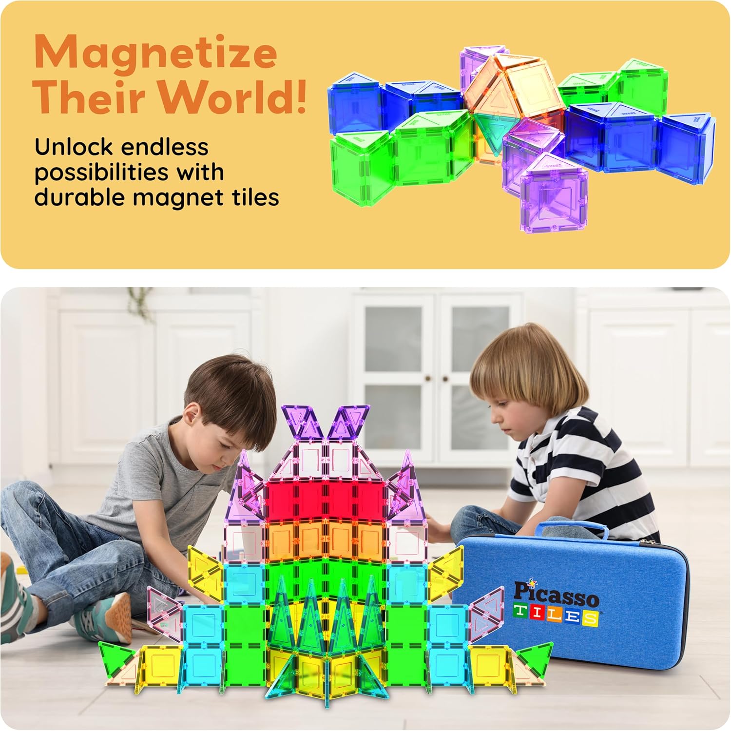 PicassoTiles 101pcs Magnetic Building Block Toy + Case Set Magnet Tile Construction Blocks for Ages 3 and Up Educational Kit Child Brain Development Learning Playset in Portable Travel Carry Bin
