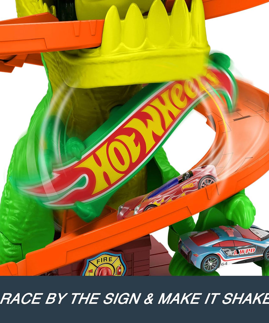 Hot Wheels Toy Car Track Set, City T Rex Blaze Battle Fire Station Playset with 1:64 Scale Die Cast Fire Truck, Interactive Dinosaur Action, 4+ Years
