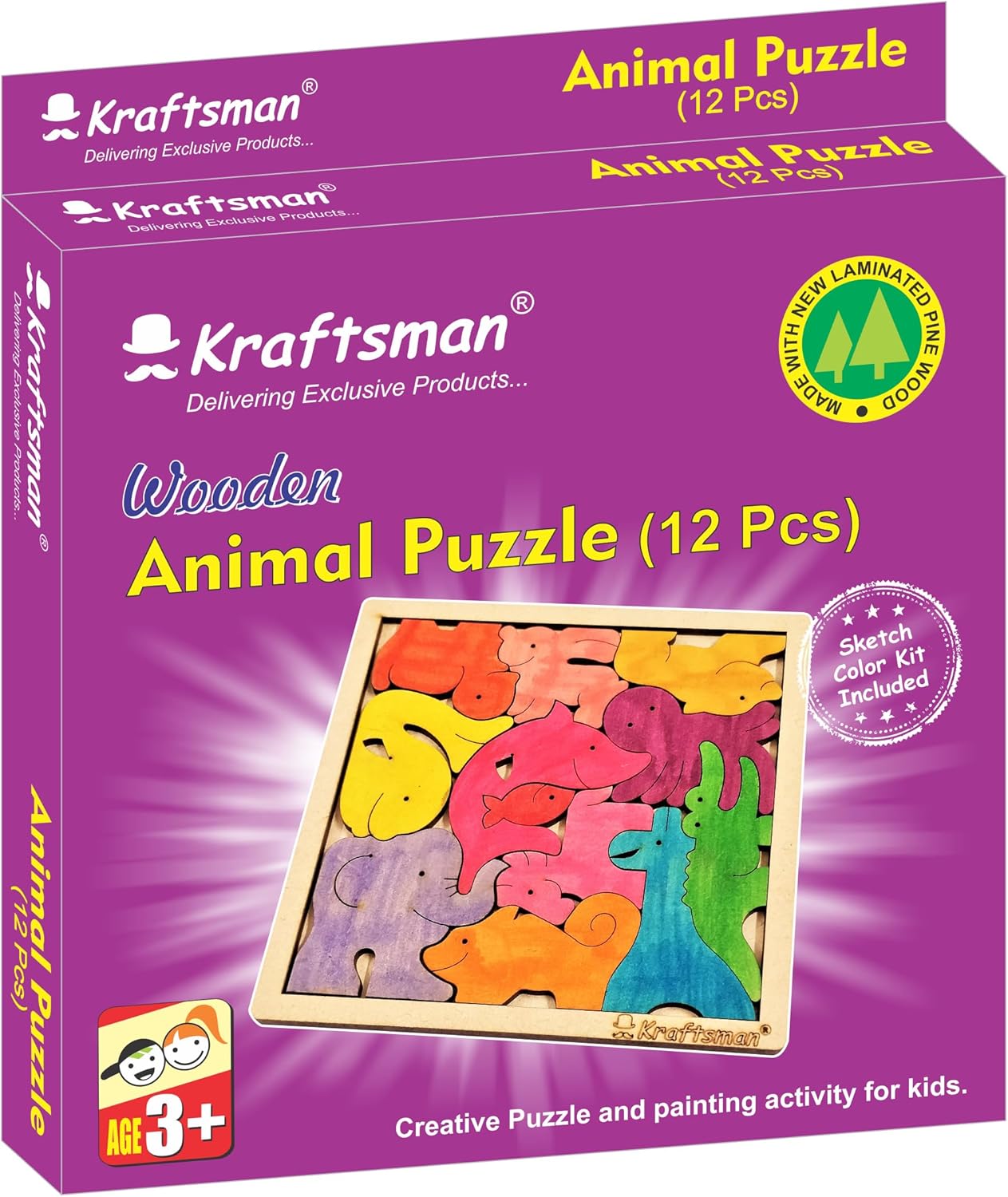 Kraftsman Color Your Own Wooden Animal Puzzle with Sketch Color Kit, DIY 12 Piece Creative Coloring Jigsaw for Kids, 4+ Years