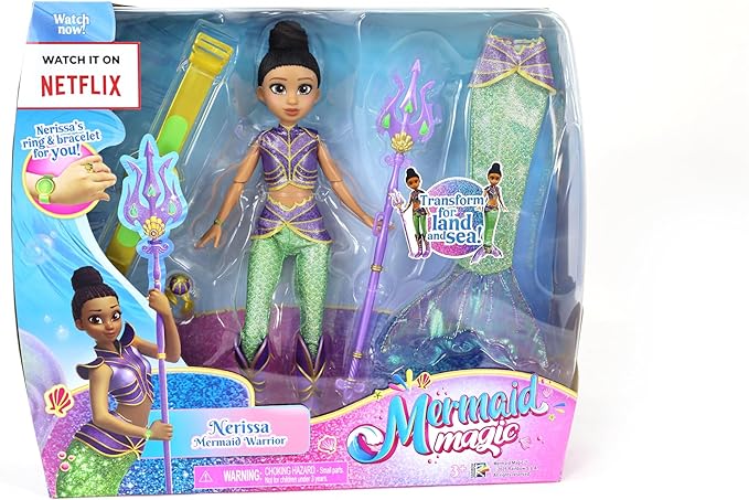 Mermaid Magic Warrior Transformation 9-Inch 2In1 Nerissa Land and Sea Warrior, Transform for Land and Sea, Adventure, Articulated Doll Playset, Girl's Toys, Gift, Mermaid Dolls, Collectible, 3 Years+