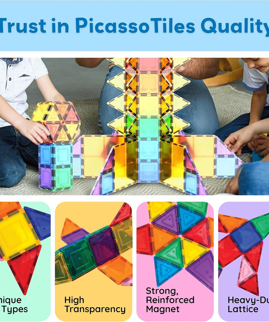 PicassoTiles 100 Piece Magnetic Playboards Tiles Set Magnet Toys for Toddlers STEM Building Blocks Sensory Creative Kids Manipulative Preschool learning Construction Toy ages 3+ Boys Girls - PT100