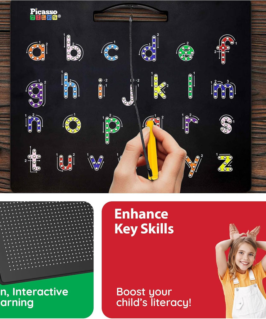 PicassoTiles 2-in-1 Double Sided Magnetic Alphabet Board ABC A-Z Upper Case Capital and Lowercase Letter Writing Reading Playboard 12x10 inch Large Magnet Tablet Pad Open-Ended Learning Playset PTB03