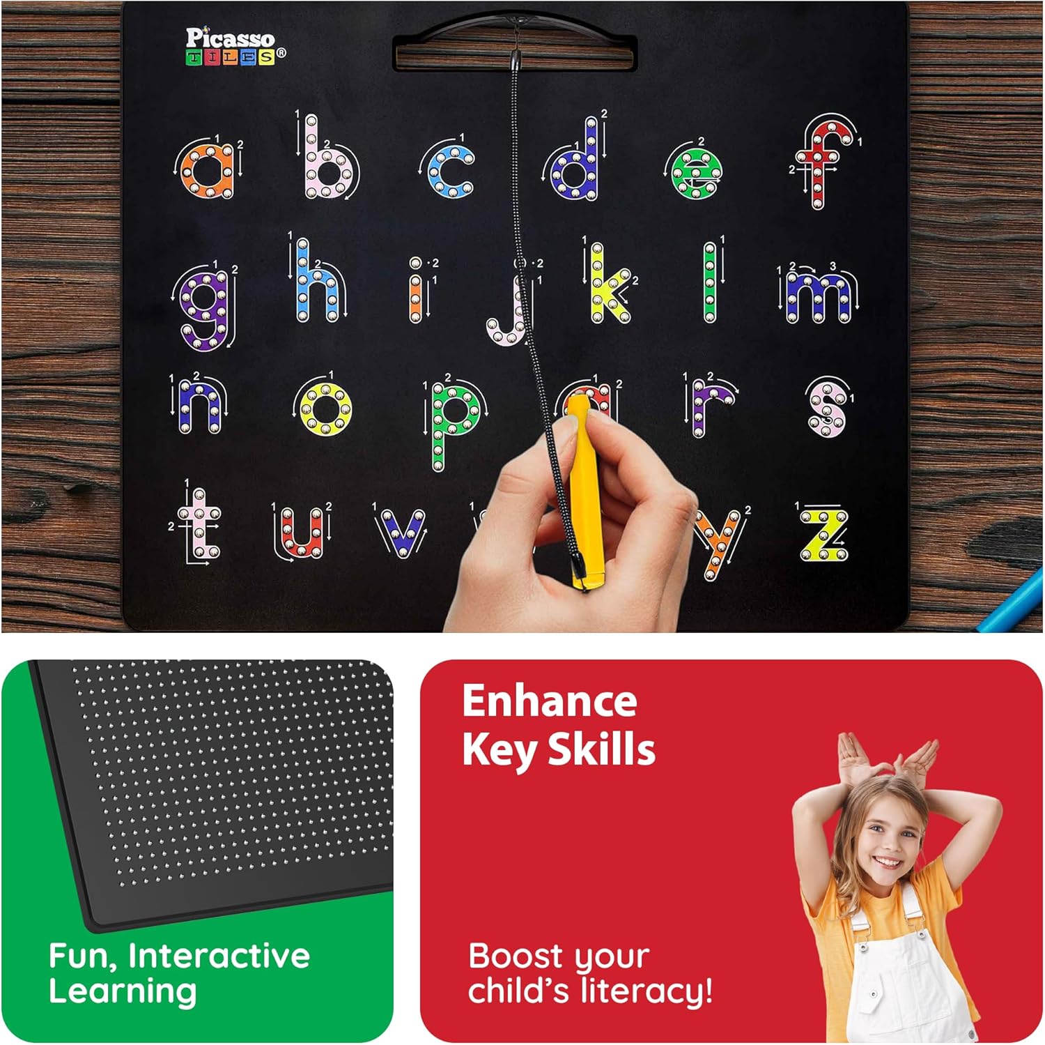 PicassoTiles 2-in-1 Double Sided Magnetic Alphabet Board ABC A-Z Upper Case Capital and Lowercase Letter Writing Reading Playboard 12x10 inch Large Magnet Tablet Pad Open-Ended Learning Playset PTB03