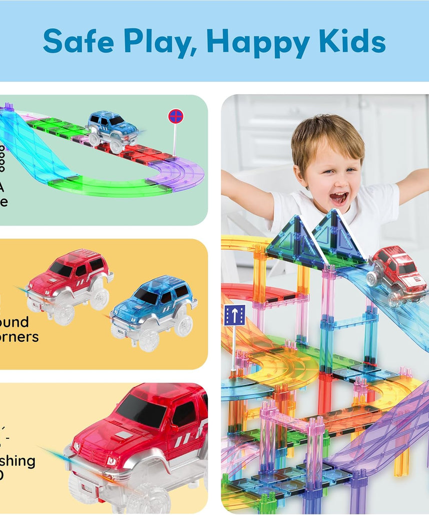 PicassoTiles 2 Piece Swift Highly Detailed Race Track Truck Cars Accessories in Bulk Package Compatible with STEM Magnetic Tile Race Track Building Kits for Kids Boys & Girls Ages 3+ and Older PTE05