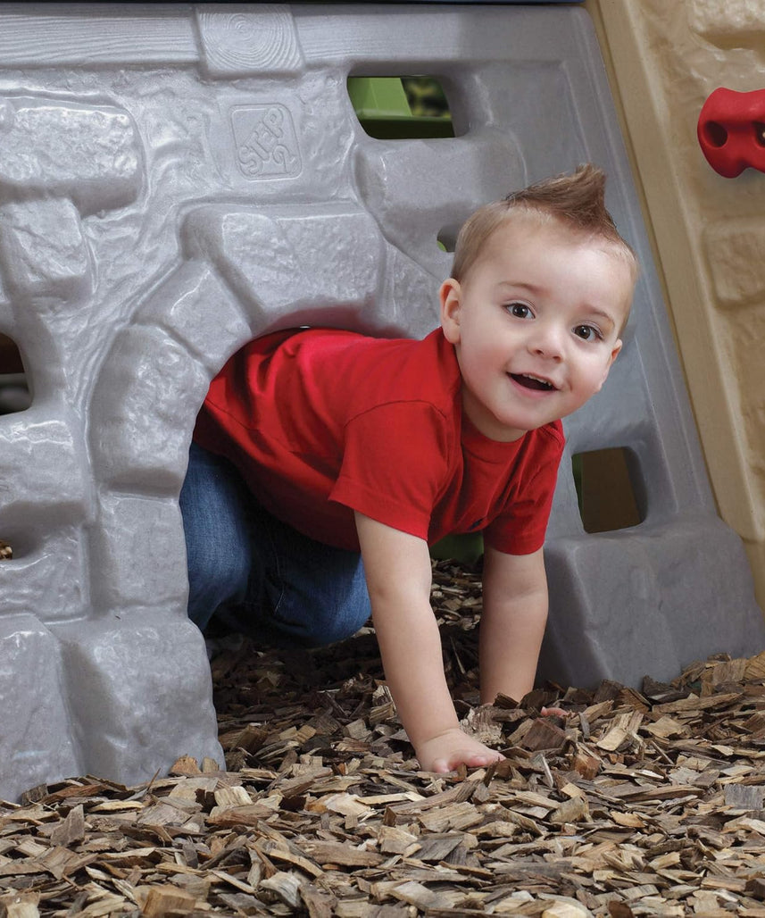 لعبة تسلق جبال الألب من ستيب 2 مع زلاجة للأطفال بعمر سنتين فما فوق، مجموعة ألعاب خارجية مع 5 جدران تسلق، زلاجة، أنفاق زحف، وعجلة قيادة، ومجموعات ألعاب ومعدات ملعب