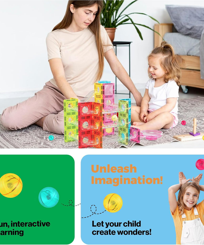 PicassoTiles 60 pc Magnet Tiles Building Block Travel Size Magnetic Marble Run Construction Toy Set Mini Diamond Marble RaceTrack Building Blocks Playset Education STEM Learning Kit Boy Girl 3+ PTMG60