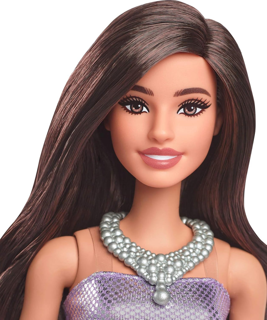Barbie Fashionistas Doll #234 with Brown Hair, Sequined Purple Bubble Dress, Satiny Skirt, Silvery Necklace and Heels