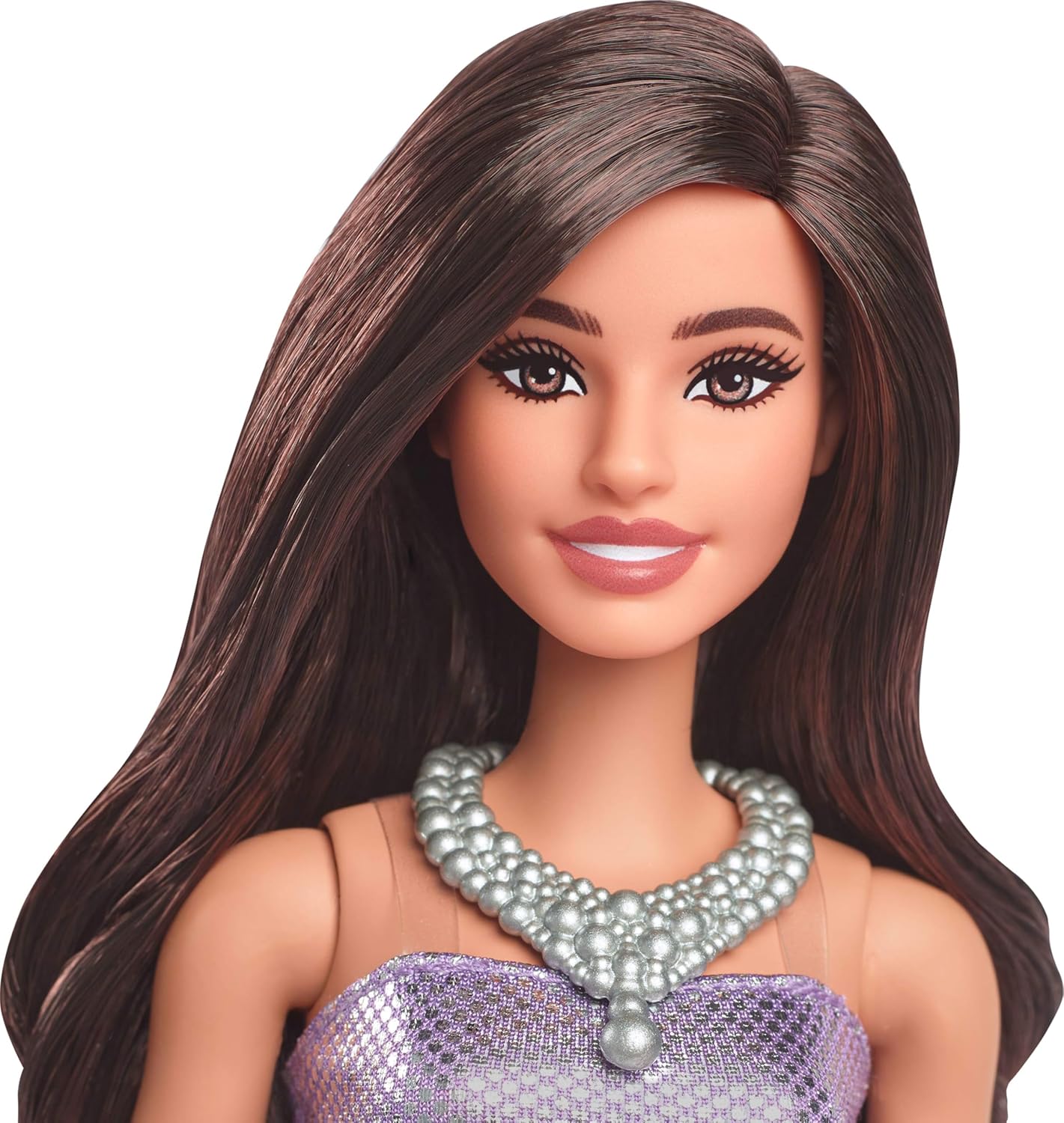 Barbie Fashionistas Doll #234 with Brown Hair, Sequined Purple Bubble Dress, Satiny Skirt, Silvery Necklace and Heels