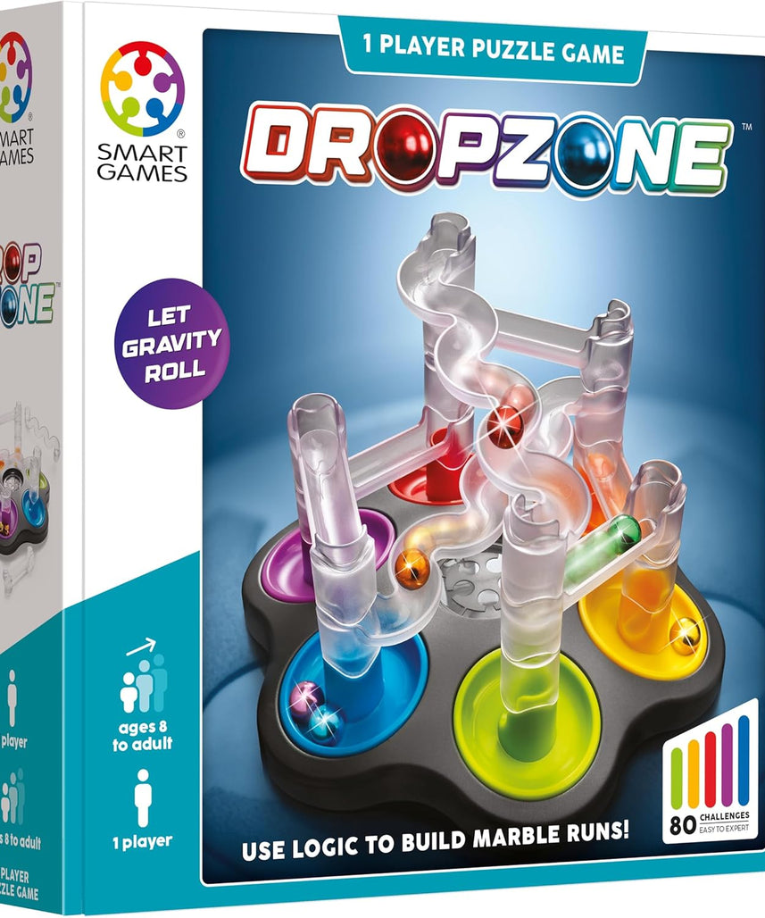 SmartGames DropZone, 3D Marble Run Brain Teaser Puzzle with 80+ Challenges, STEM Educational Toy for Kids 8+