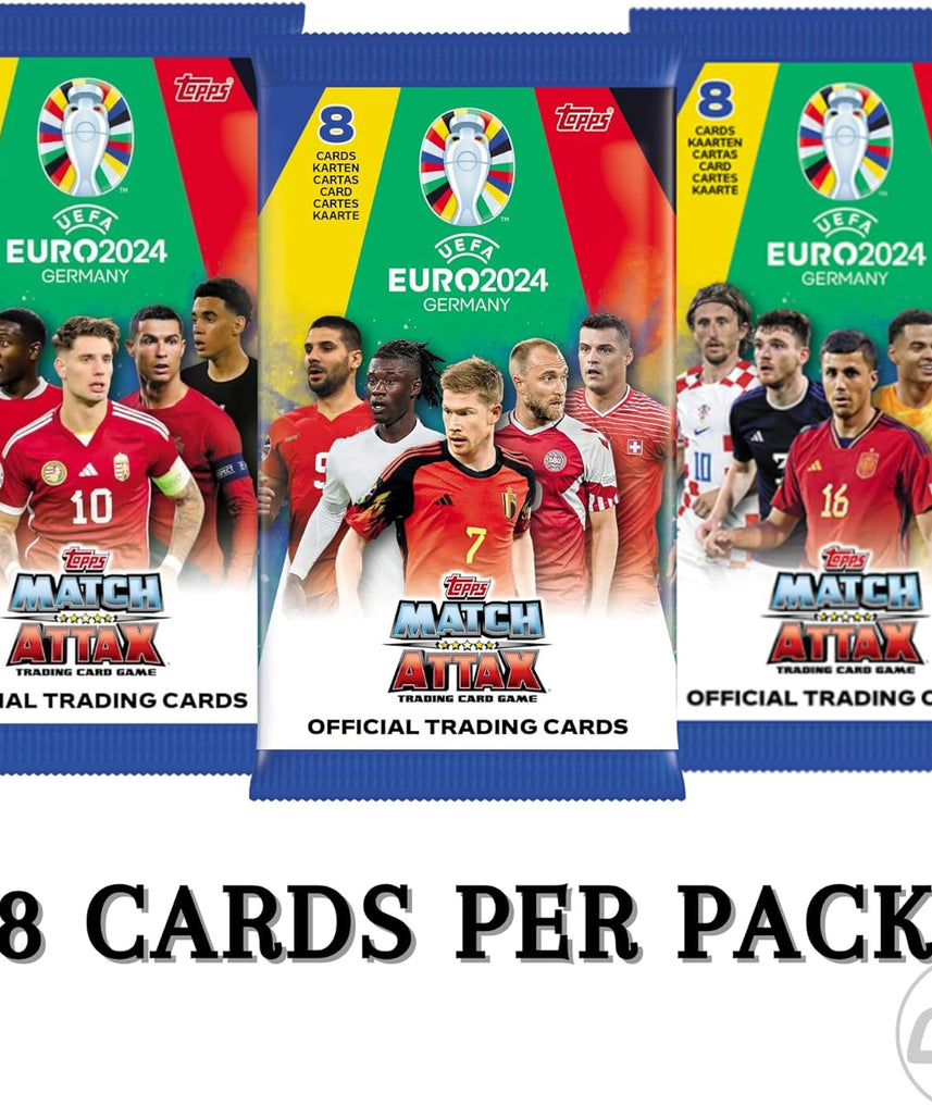 بطاقات تداول توبس ماتش أتاكس يورو 2024، مجموعة من 3 بطاقات مع سلسلة مفاتيح فيدجيت OY إضافية، مجموعة بطاقات كرة قدم قابلة للتجميع