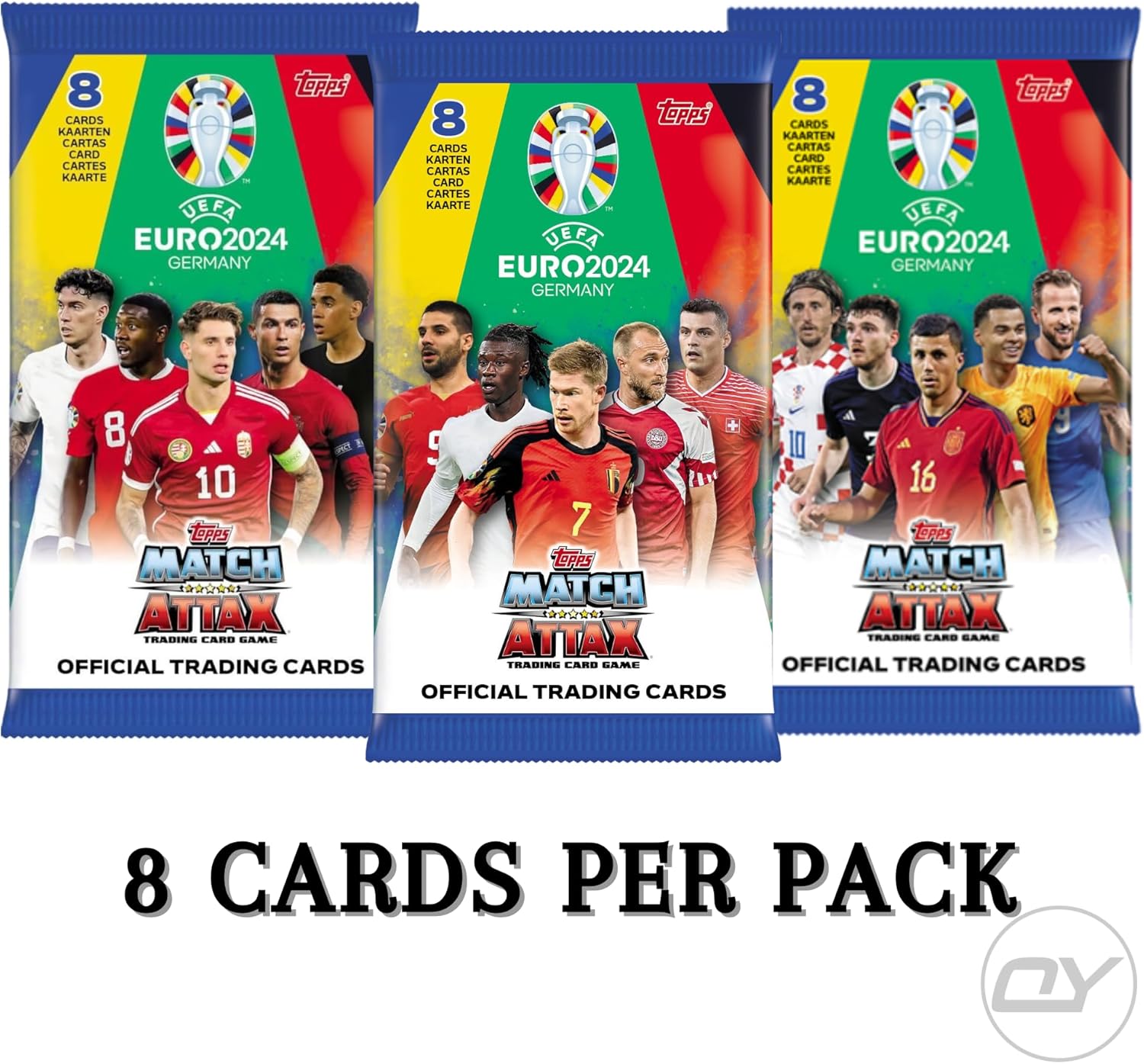 بطاقات تداول توبس ماتش أتاكس يورو 2024، مجموعة من 3 بطاقات مع سلسلة مفاتيح فيدجيت OY إضافية، مجموعة بطاقات كرة قدم قابلة للتجميع