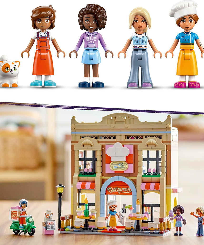 LEGO Friends Restaurant and Cooking School, Pretend-Play Food Role-Play Toy, Kids’ Building Kit for Girls and Boys Aged 8 Years Old and Over, 4 Minidolls and a Cat Figure, Promotes Social Skills 42655