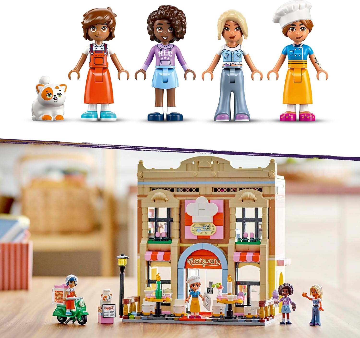 LEGO Friends Restaurant and Cooking School, Pretend-Play Food Role-Play Toy, Kids’ Building Kit for Girls and Boys Aged 8 Years Old and Over, 4 Minidolls and a Cat Figure, Promotes Social Skills 42655