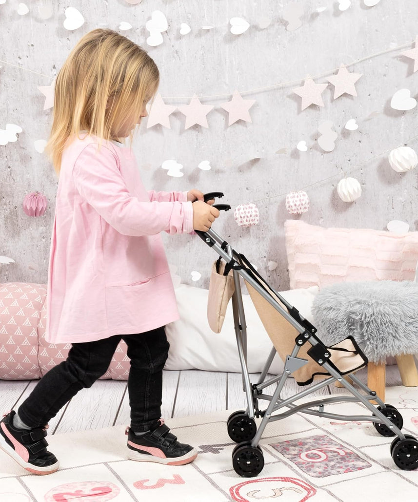 BAYER DOLLS BUGGY SET WITH BAG 46CM | Foldable, built-in safety belt, double wheels for easy pushing, made of metal