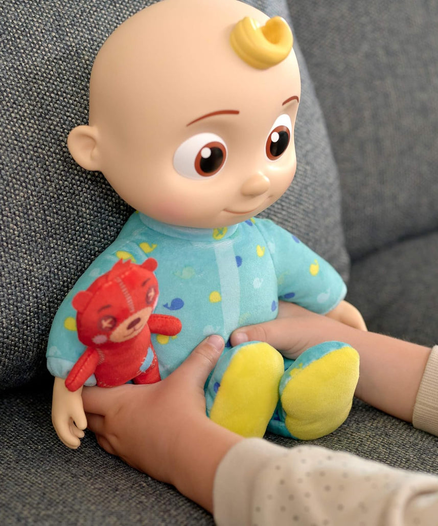 CoComelon Official Musical Bedtime JJ Doll, Soft Plush Baby Toy with Sounds, Press Tummy to Sing Yes Yes Bedtime Song, Includes Teddy Bear Pillow Plush, Toddler Bedtime Toy, 18 Months+