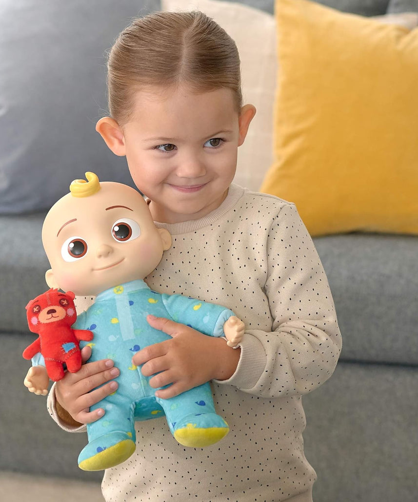 CoComelon Official Musical Bedtime JJ Doll, Soft Plush Baby Toy with Sounds, Press Tummy to Sing Yes Yes Bedtime Song, Includes Teddy Bear Pillow Plush, Toddler Bedtime Toy, 18 Months+