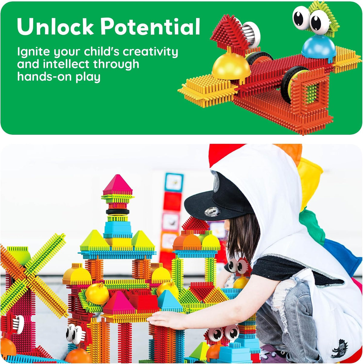 PicassoTiles 120pcs HedgehogTiles Building Block, Stacking Interlock Teeth Construction Sensory Gift STEM Toy for Kids Toddlers Age 3 + PTB120