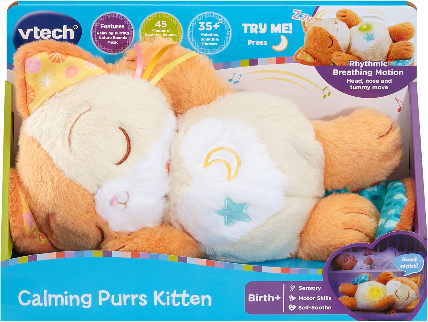 VTech Baby Calming Purrs Kitten Soft Plush Soothing Toy with Breathing Motion, Lights, Melodies, White Noise & Nature Sounds, Interactive Comfort Toy for Babies 0+ Months