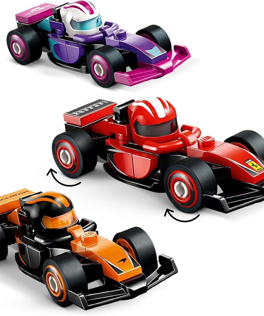 LEGO Minifigures F1 Collectible Race Cars Toys - Get 1 of 12 Mini Car Models with Drivers Helmets & Moving Wheels - Formula 1 Teams incl. Ferrari, Mercedes, McLaren, Red Bull - Mystery Box - 71049