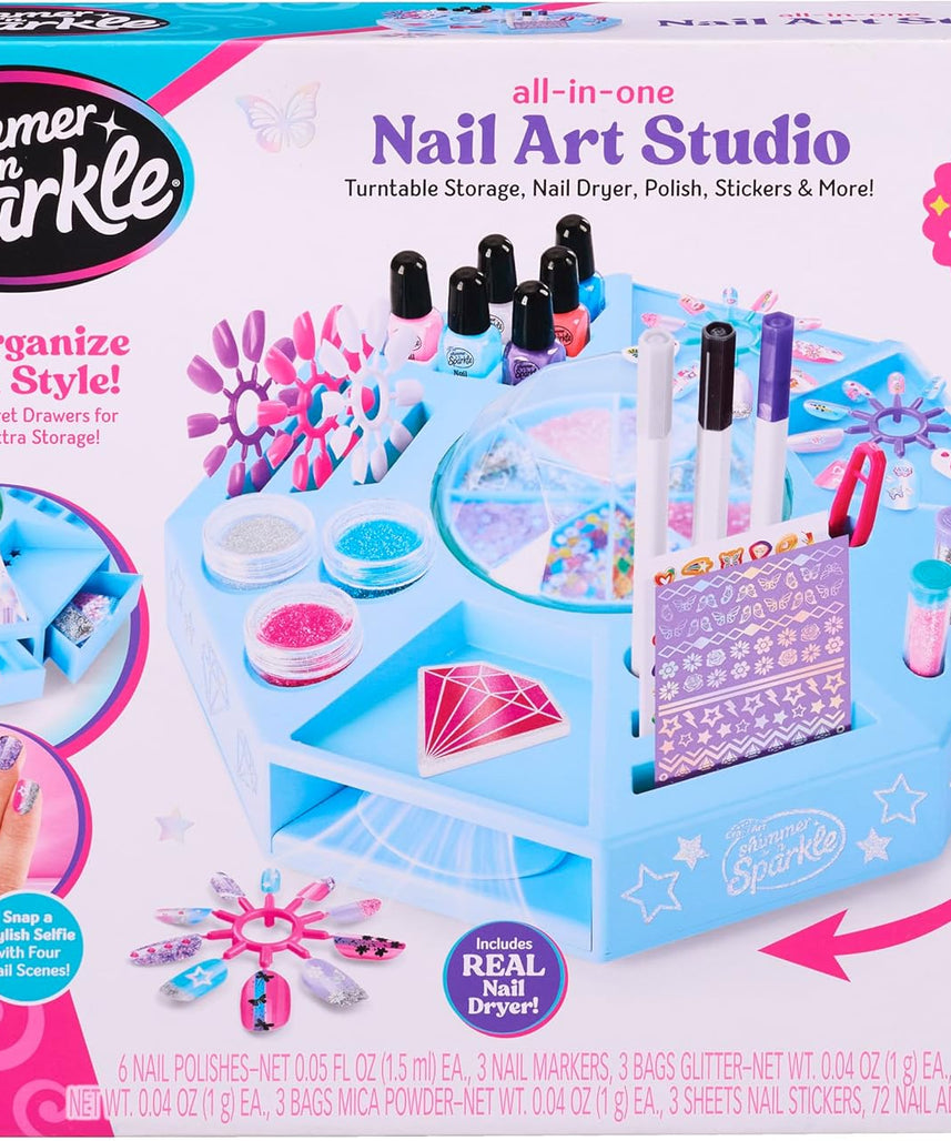 Shimmer N Sparkle Nail Art Studio 360° Spin Workstation with Dryer, Polishes, Stickers & Storage Drawers, Complete Nail Design Kit for Kids Ages 8+
