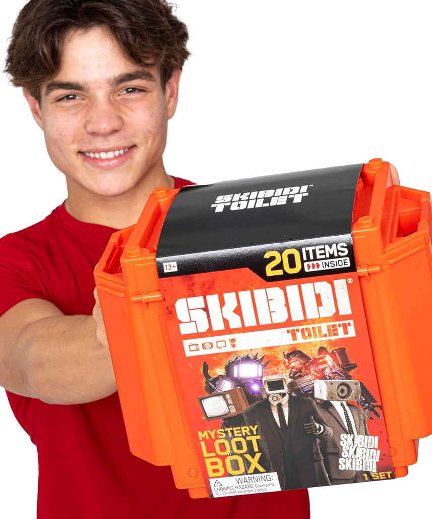 Skibidi Toilet Giant Mystery Loot Box, Official Mystery Surprise Box with 20 Collectible Items, Exclusive 10 Inch Titan Figure for Kids 13+