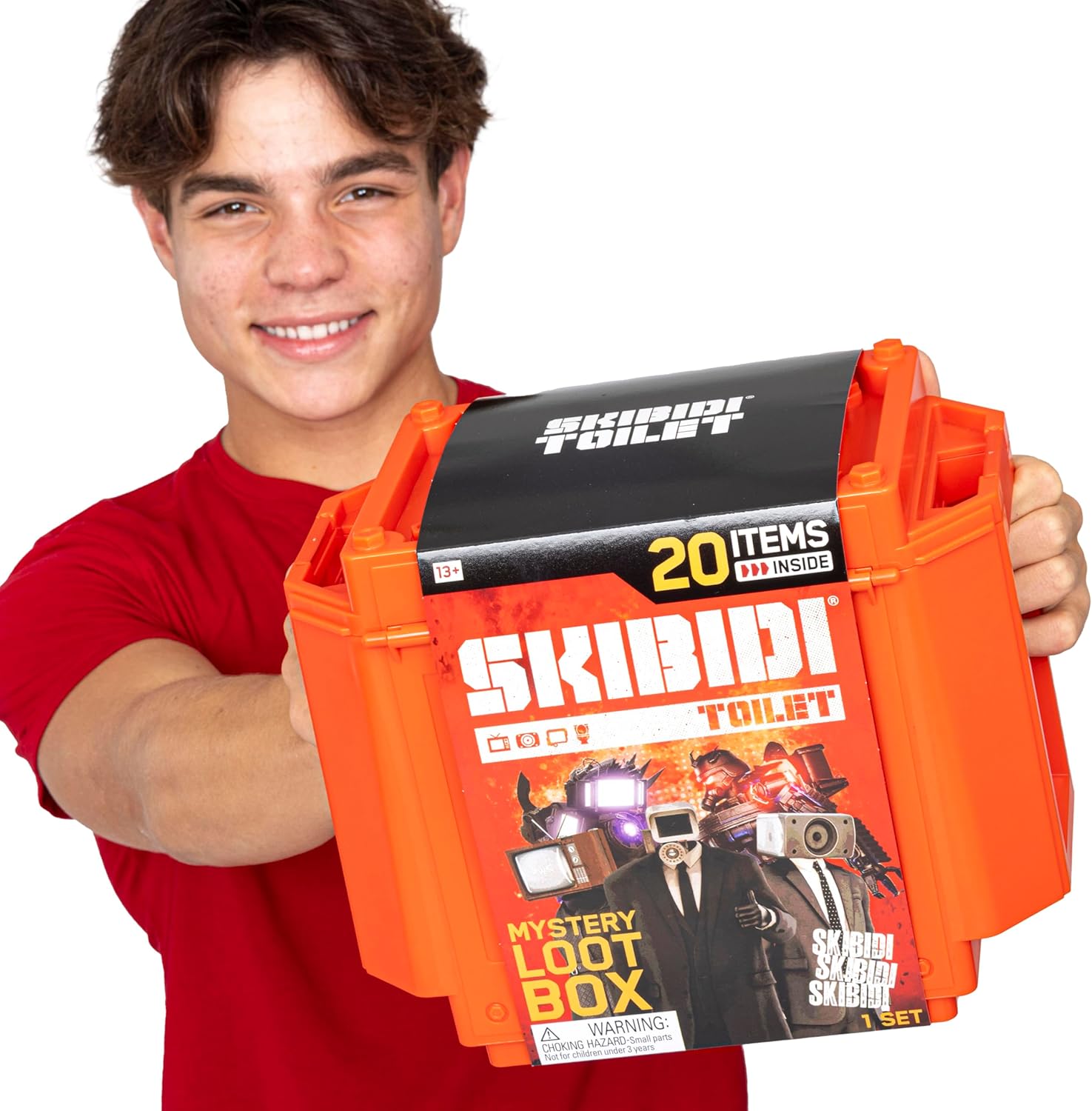 Skibidi Toilet Giant Mystery Loot Box, Official Mystery Surprise Box with 20 Collectible Items, Exclusive 10 Inch Titan Figure for Kids 13+