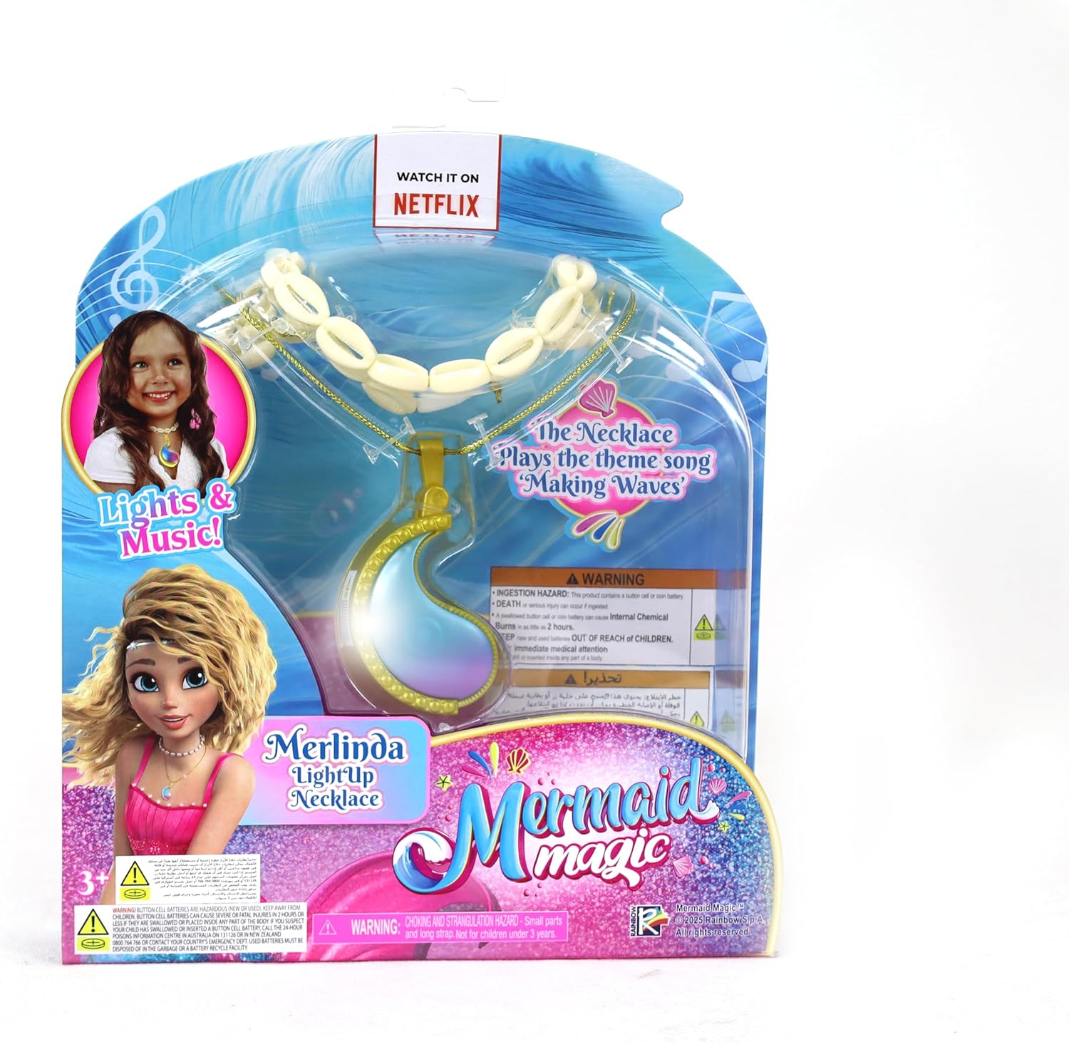 Mermaid Magic Merlinda Light Up Necklace Battery Operated, Metallic Finish With a Beautiful Light up Pendant, With Lights & Music, Plays "Making Waves" Song, Girl's Toys, Gift, Collectible, 3 Years+