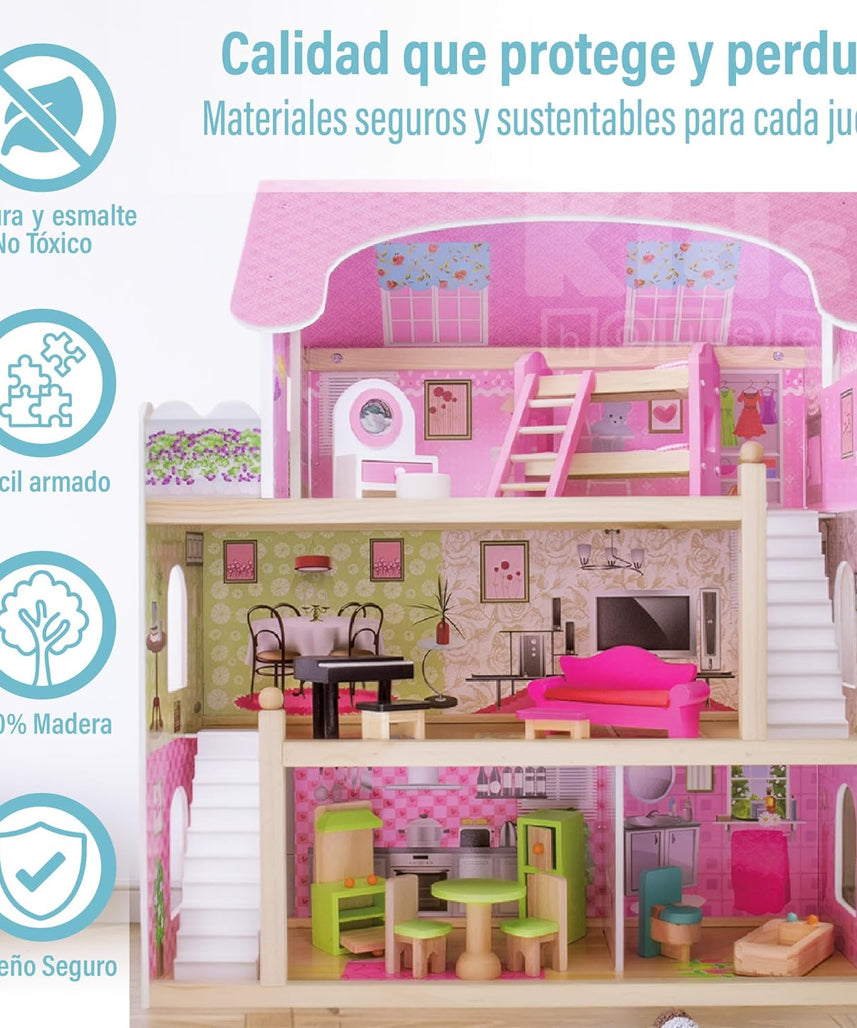 بيت دمى خشبي من EduFun مع شرفة للأطفال الصغار، فيلا دمى كبيرة من 3 طوابق مع 4 غرف، سلالم، ملحقات أثاث من 15 قطعة، لعبة تظاهر تعليمية للأطفال من سن 3 سنوات فما فوق