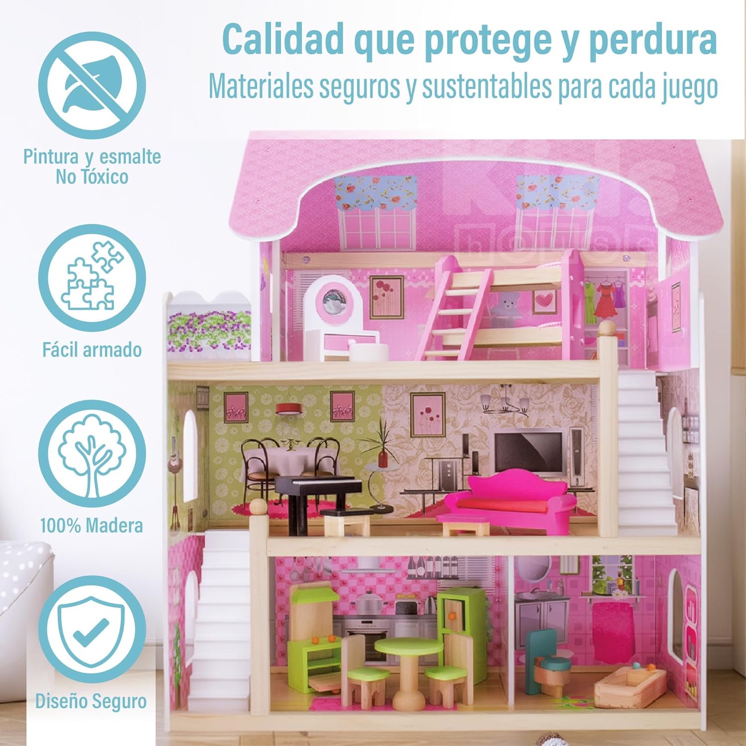 بيت دمى خشبي من EduFun مع شرفة للأطفال الصغار، فيلا دمى كبيرة من 3 طوابق مع 4 غرف، سلالم، ملحقات أثاث من 15 قطعة، لعبة تظاهر تعليمية للأطفال من سن 3 سنوات فما فوق