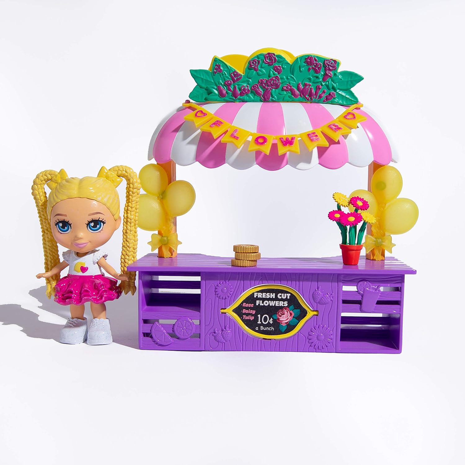 Far Out Toys Love Diana 3.5 Inch Collectible Doll Playset with 2-in-1 Lemonade and Flower Stand and 11 Surprise Accessories for Kids Ages 3 and Up