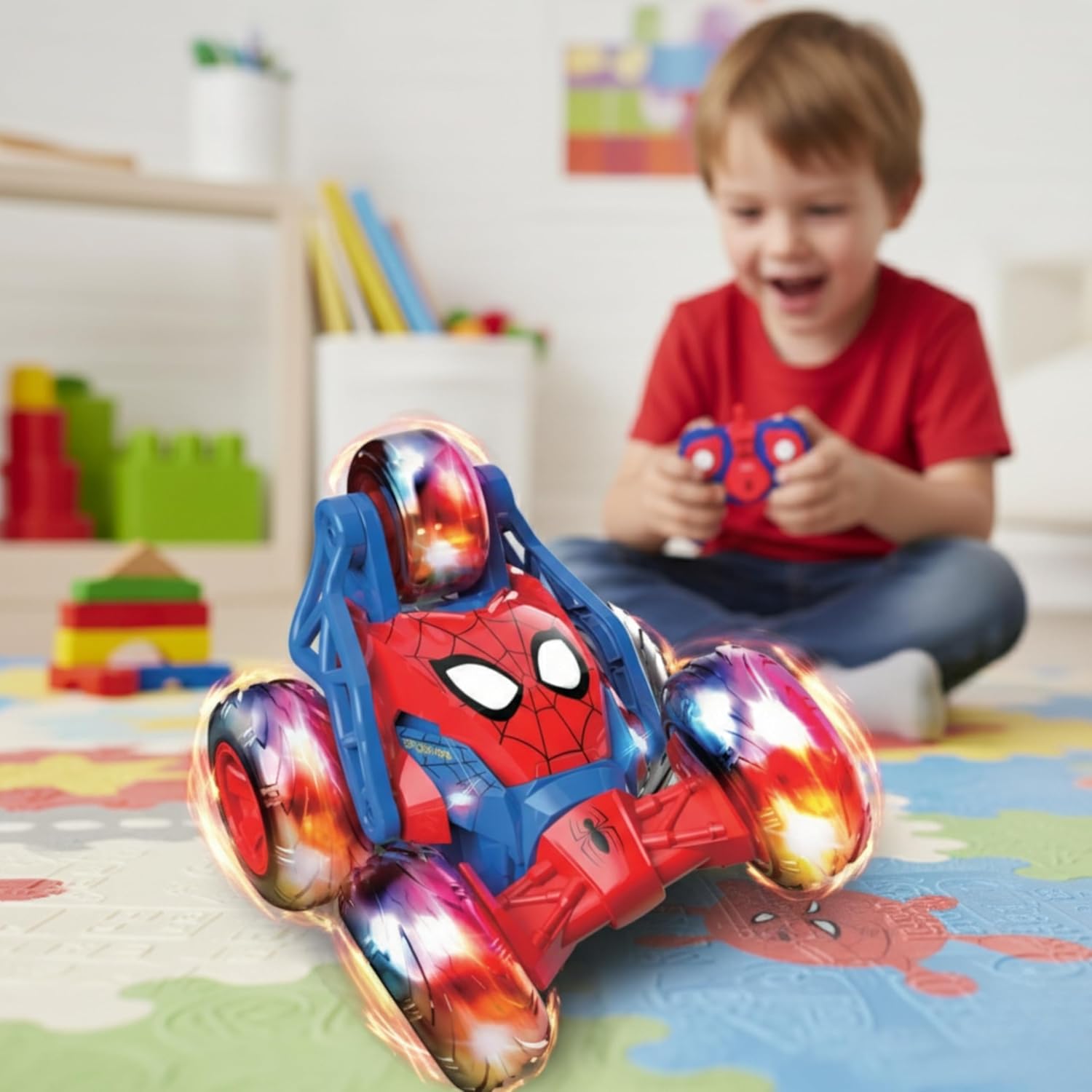 Marvel Spider-Man Remote Control Storm Spinner, 5-Wheel RC Stunt Car with 360 Degree Rotation, 2.4GHz Full Function Toy for Children, High-Action Stunts, Age 3+