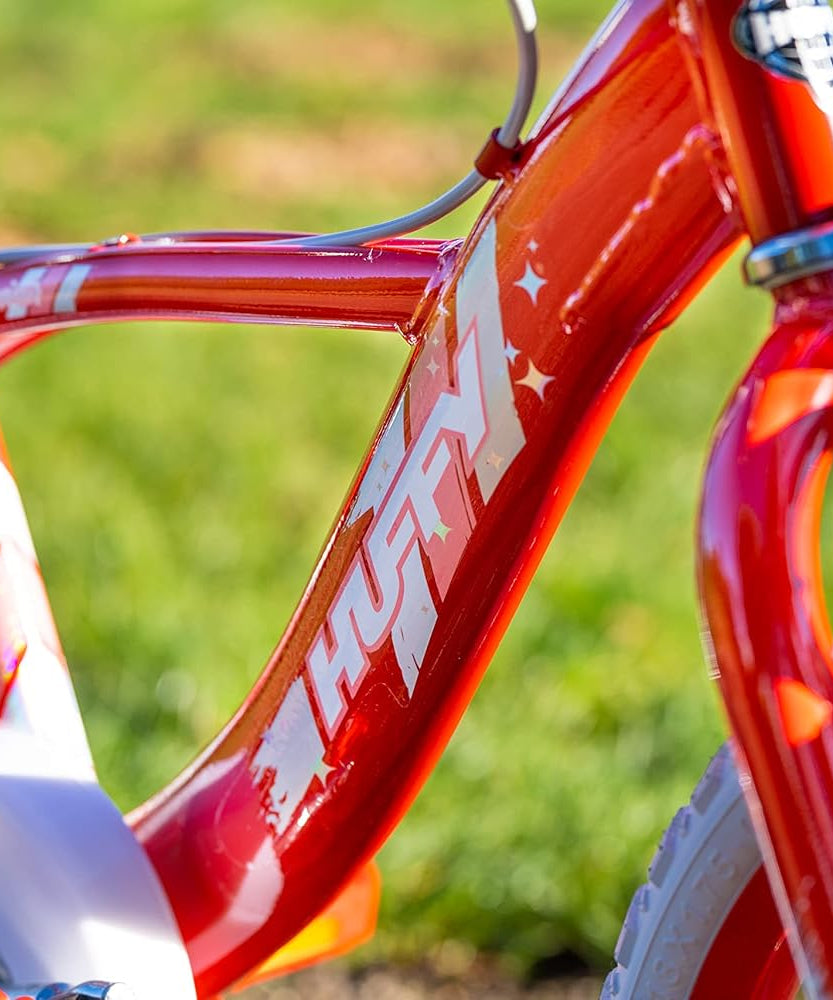 Huffy Glimmer Girls Bike 18 Inch, Red and White, Single-Speed Kids Bicycle with Removable Stabilisers, Front Storage Pouch, Quick Connect Assembly, Ages 6-8