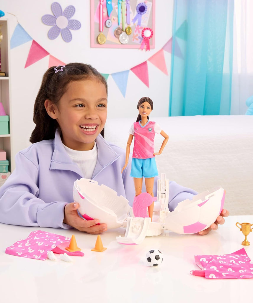 Barbie Team Roll and Reveal Soccer Player Doll and Accessories with Brunette Fashion Doll & 8 Surprises and a Soccer Ball Encasement