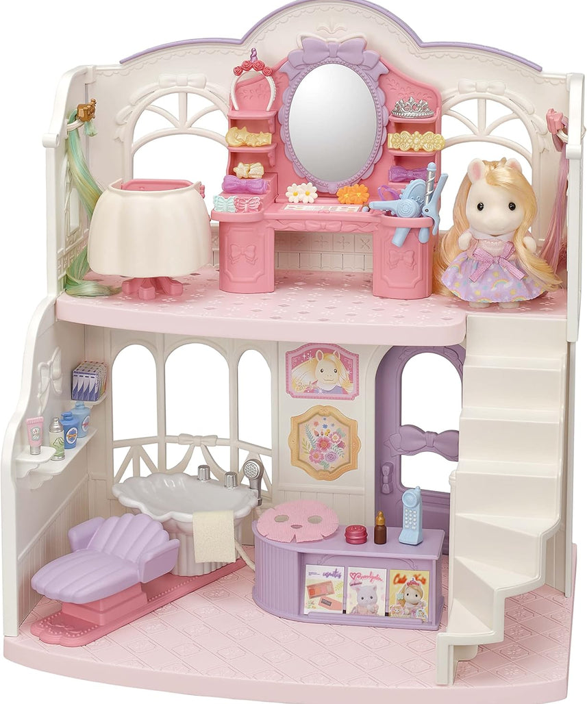 Sylvanian Families Pony's Stylish Hair Salon Set (5642) – 2-Story Salon with Sally Pony Figure, Hair Accessories, Styling Book, Dresser & Shampoo Basin – Educational Role-Playing Toy for Ages 3+