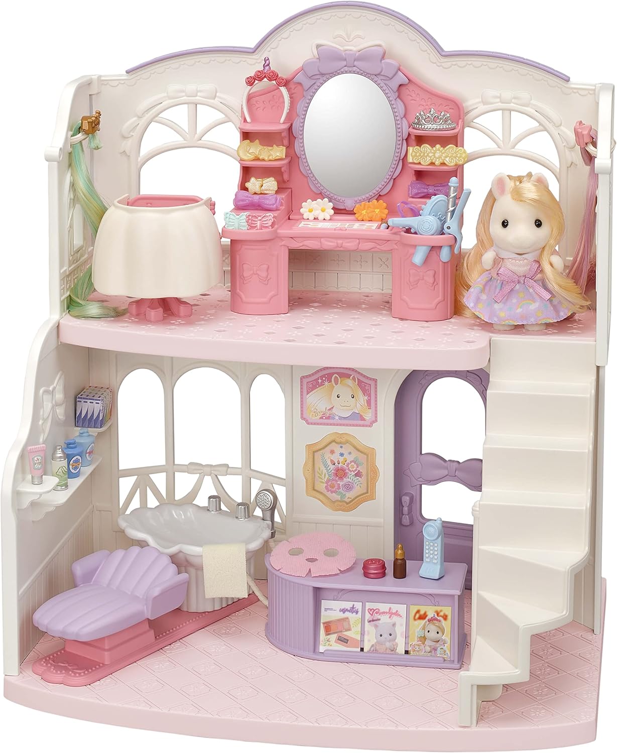 Sylvanian Families Pony's Stylish Hair Salon Set (5642) – 2-Story Salon with Sally Pony Figure, Hair Accessories, Styling Book, Dresser & Shampoo Basin – Educational Role-Playing Toy for Ages 3+