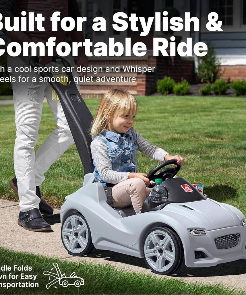 Step2 Whisper Ride Cruiser Kids Push Car with Parent Handle, Seat Belt, Horn & Storage Trunk, Single Seater Ride-On Toy for Boys and Girls, Gray, Pink & Blue, Ages 18 Months+