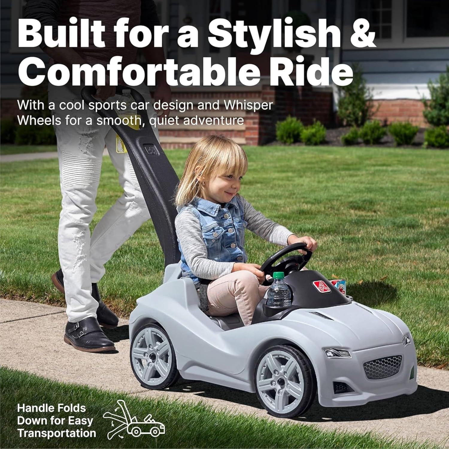 Step2 Whisper Ride Cruiser Kids Push Car with Parent Handle, Seat Belt, Horn & Storage Trunk, Single Seater Ride-On Toy for Boys and Girls, Gray, Pink & Blue, Ages 18 Months+
