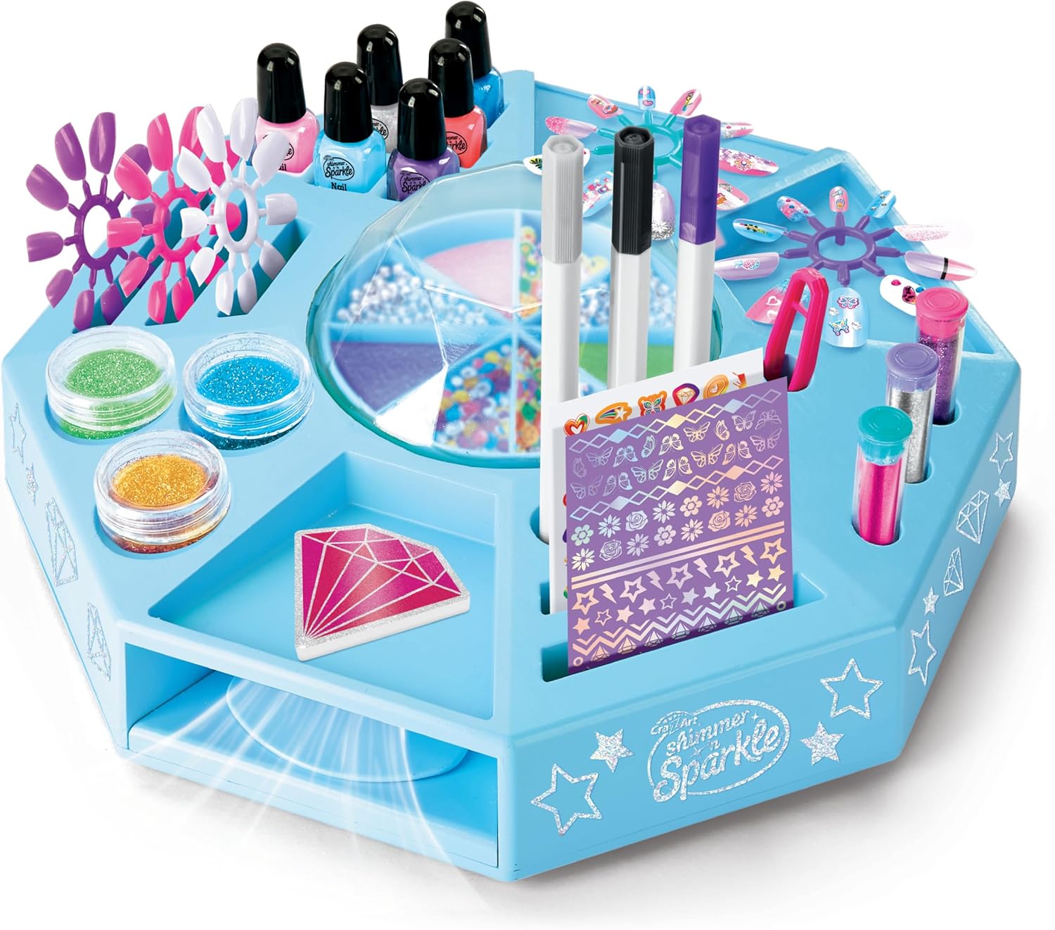 Shimmer N Sparkle Nail Art Studio 360° Spin Workstation with Dryer, Polishes, Stickers & Storage Drawers, Complete Nail Design Kit for Kids Ages 8+