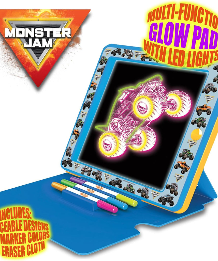 Monster Jam Premium Glow Pad with 8 LED Modes and Sound Effects, Battery Operated Drawing and Tracing Board with Multi-Color Markers, 3Y+ Years