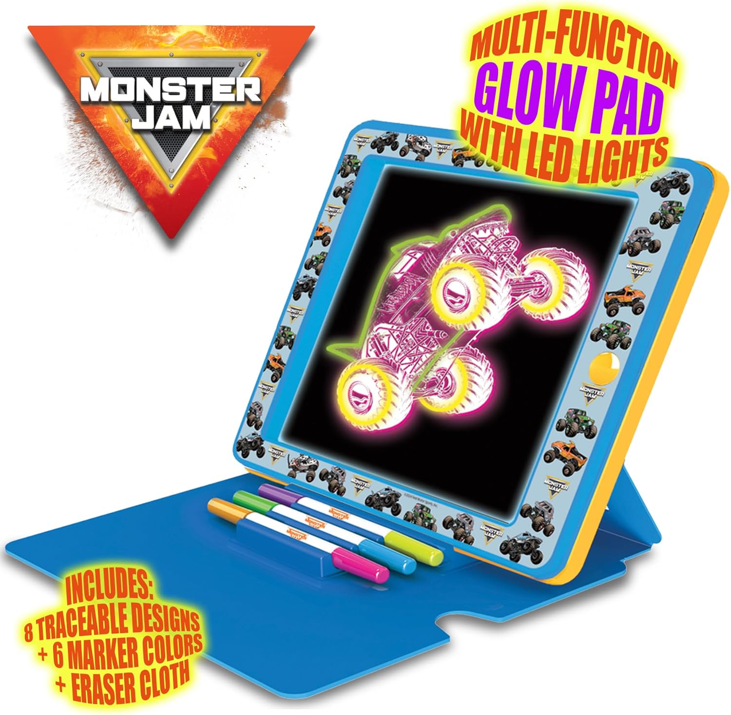 Monster Jam Premium Glow Pad with 8 LED Modes and Sound Effects, Battery Operated Drawing and Tracing Board with Multi-Color Markers, 3Y+ Years