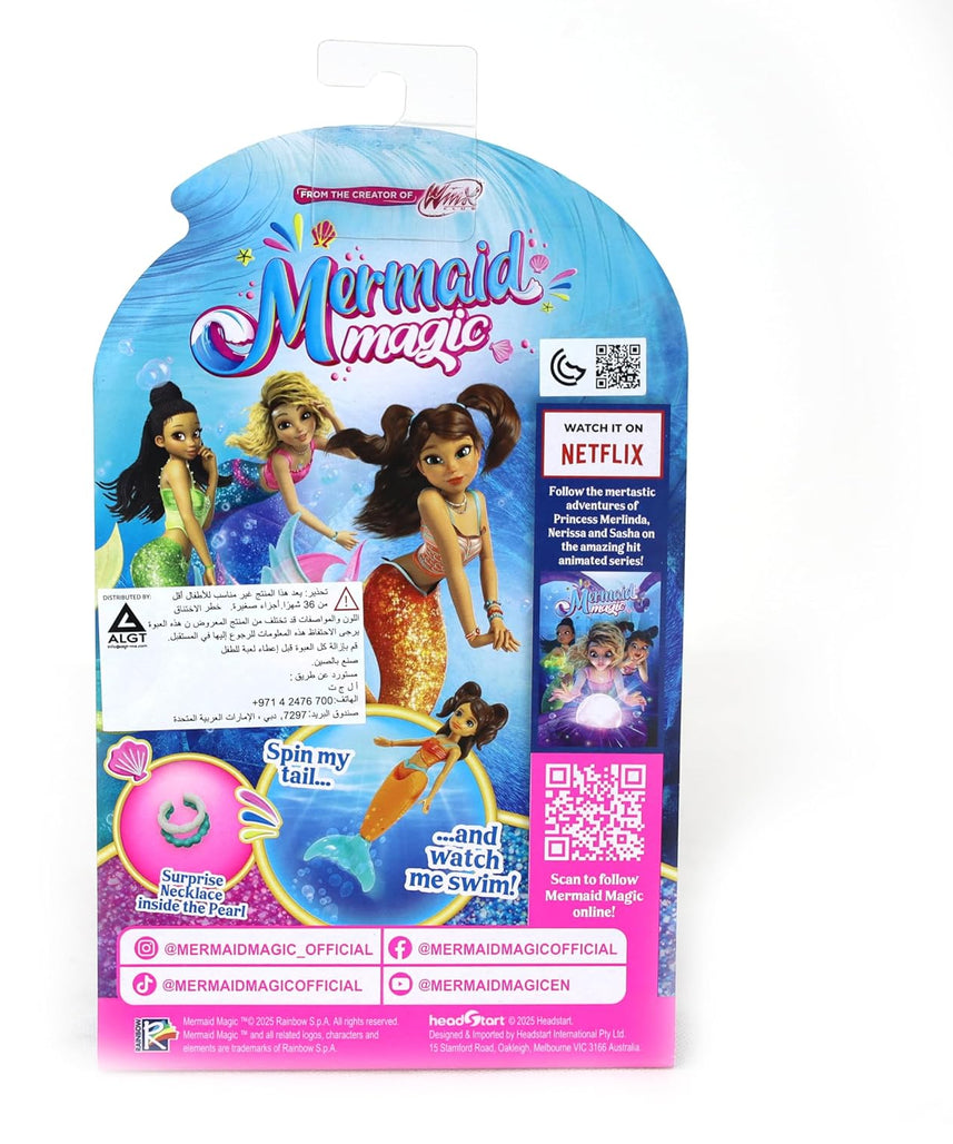 Mermaid Magic Windup Doll 5-Inch Sasha, Pearl Surprise, Spin to Swim, Action Doll, Bath Time & Pool Toy, Gift, Mermaid Dolls, Collectible, 3 Years+