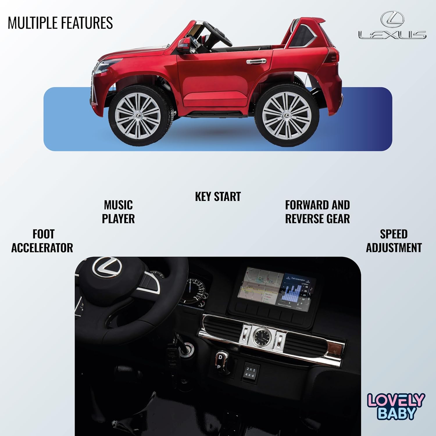 Lovely Baby Lexus LX570 SUV Ride-On Car for Kids, 3+ Years, Remote Control, LED Lights, Music, Openable Doors – Red, Gold, or Blue