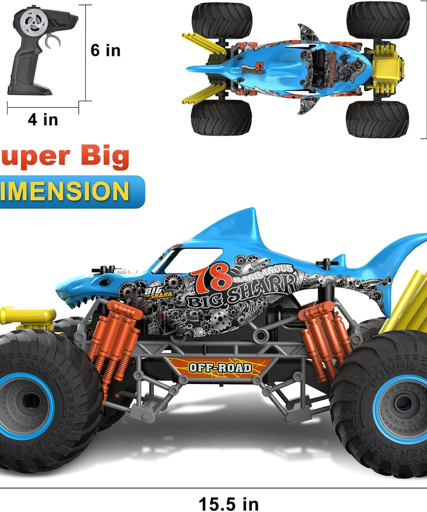 Crazon 1:10 Shark Monster RC Car with Fog Mist Effect, 2.4GHz Remote Control, Dual Rechargeable Batteries, 6+