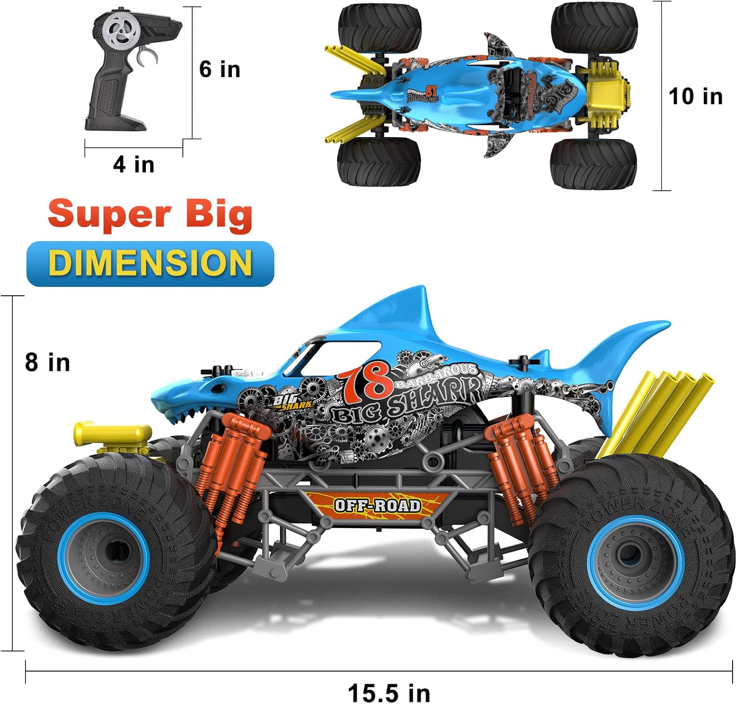 Crazon 1:10 Shark Monster RC Car with Fog Mist Effect, 2.4GHz Remote Control, Dual Rechargeable Batteries, 6+