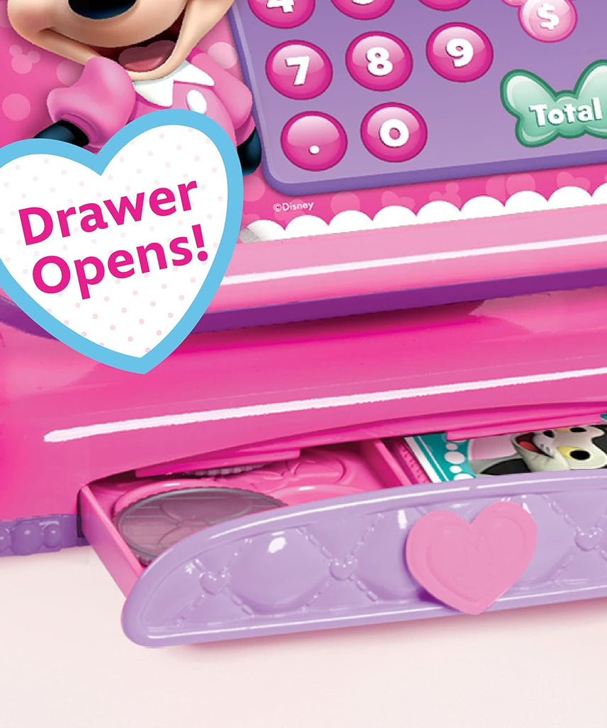 Disney Minnie Mouse Bowtique Cash Register with Lights and Sounds, Preschool Pretend Play Toy with Pull Drawer, Coins, Cash and Card, Officially Licensed Kids Toy for Ages 3 & Up by Just Play